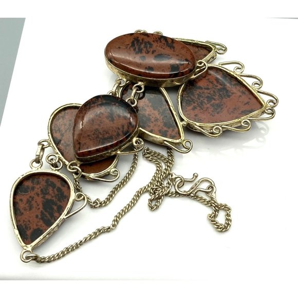 Vintage Silver and Mahogany Obsidian Stone Bib Necklace, Peruvian Alpaca Beauty - Picture 2 of 4